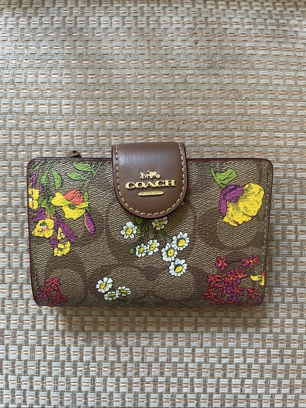 COACH Brown Signature Floral Snap Wallet